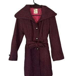 Tulle Maroon Wool Blend Pea Coat Belted Button Front Collared Women Size XS